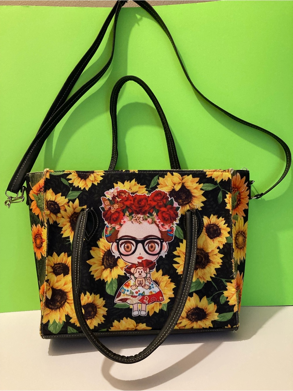 Sunflower Graphic Tote Bag with Doll Motif - Black & Yellow